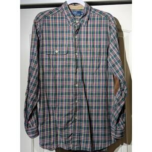 VTG Polo by Ralph Lauren Oversized Green Purple Plaid Elbow Patch Button Up Sz M